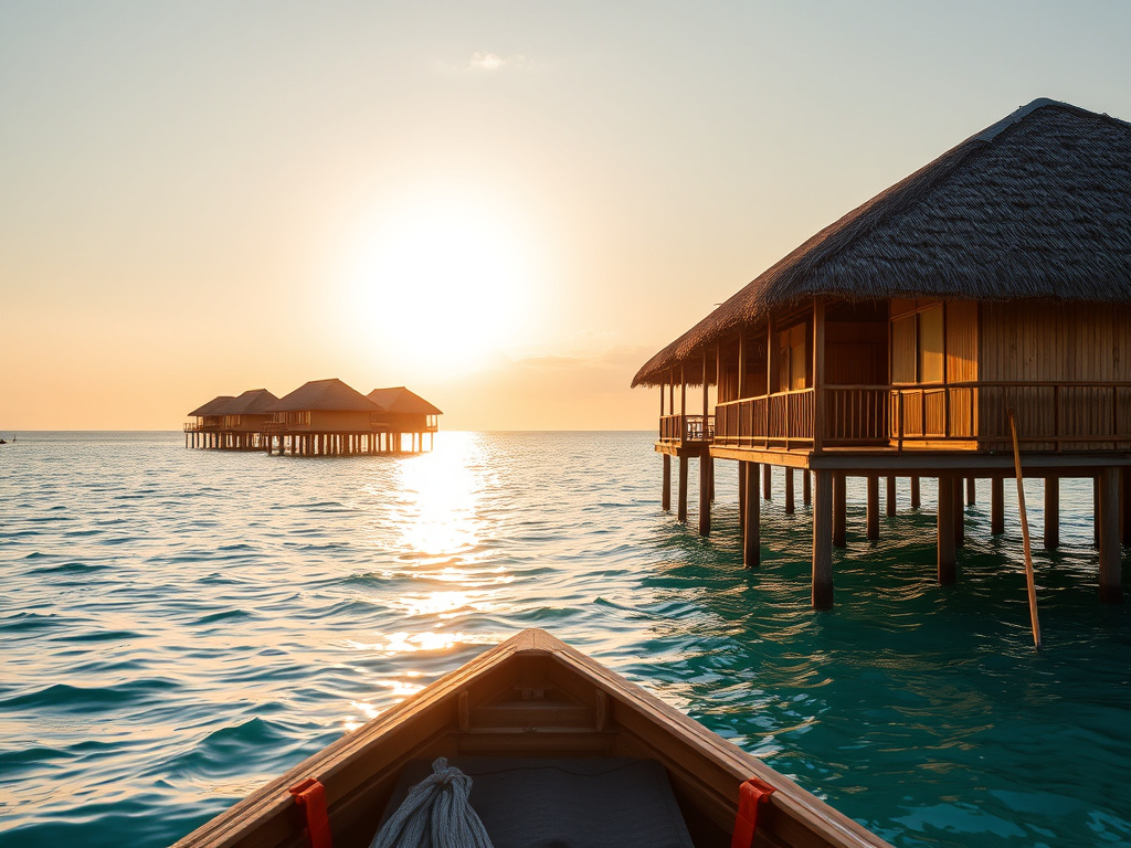 a distant view of traditional Bajo stilt houses over turquoise water, bathed in golden sunlight