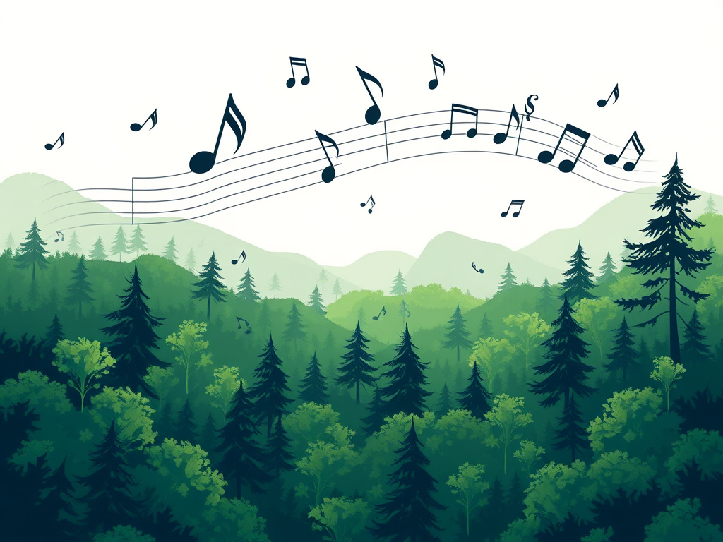 Musical notes floating in the air above a lush green forest, corporate illustration style