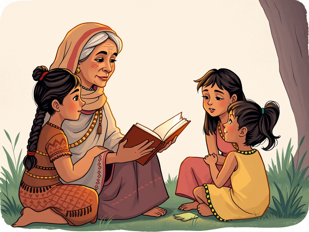 an illustration depicting a grandmother telling a story to her grandchildren, representing the transmission of cultural beliefs and myths.