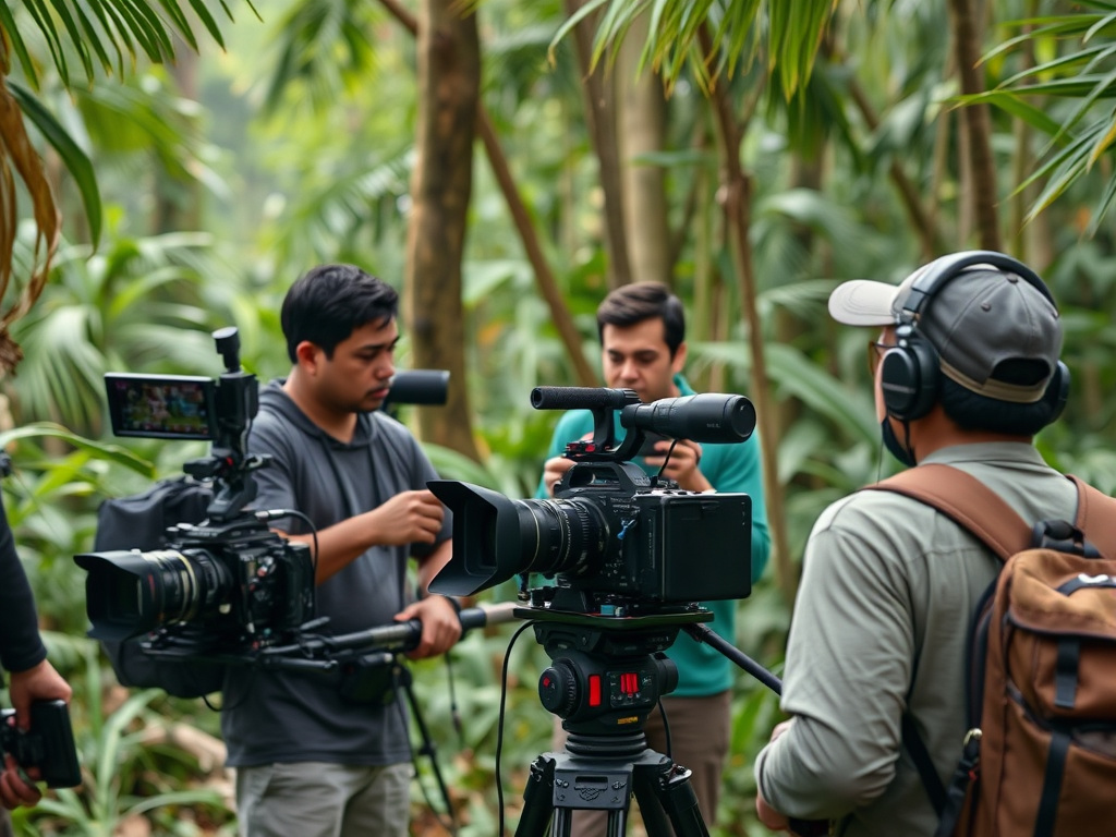 Film crew working on a movie set in an Indonesian jungle, focusing on camera equipment, corporate visual style