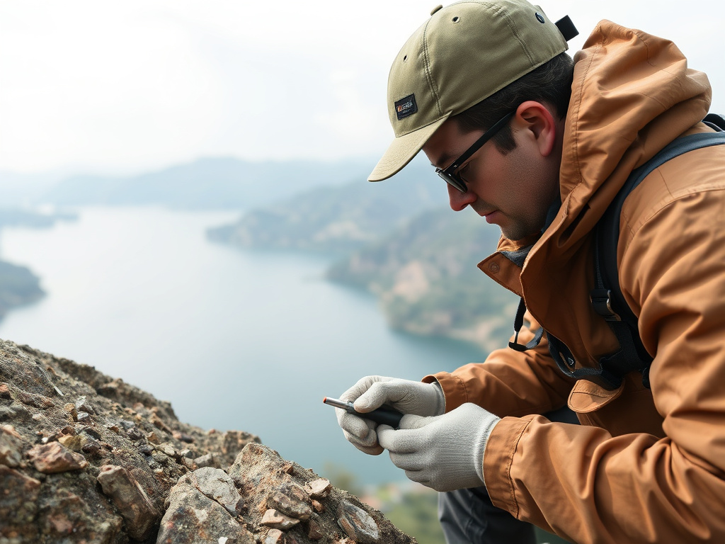 Geologist examining rock samples near Lake Toba, corporate design