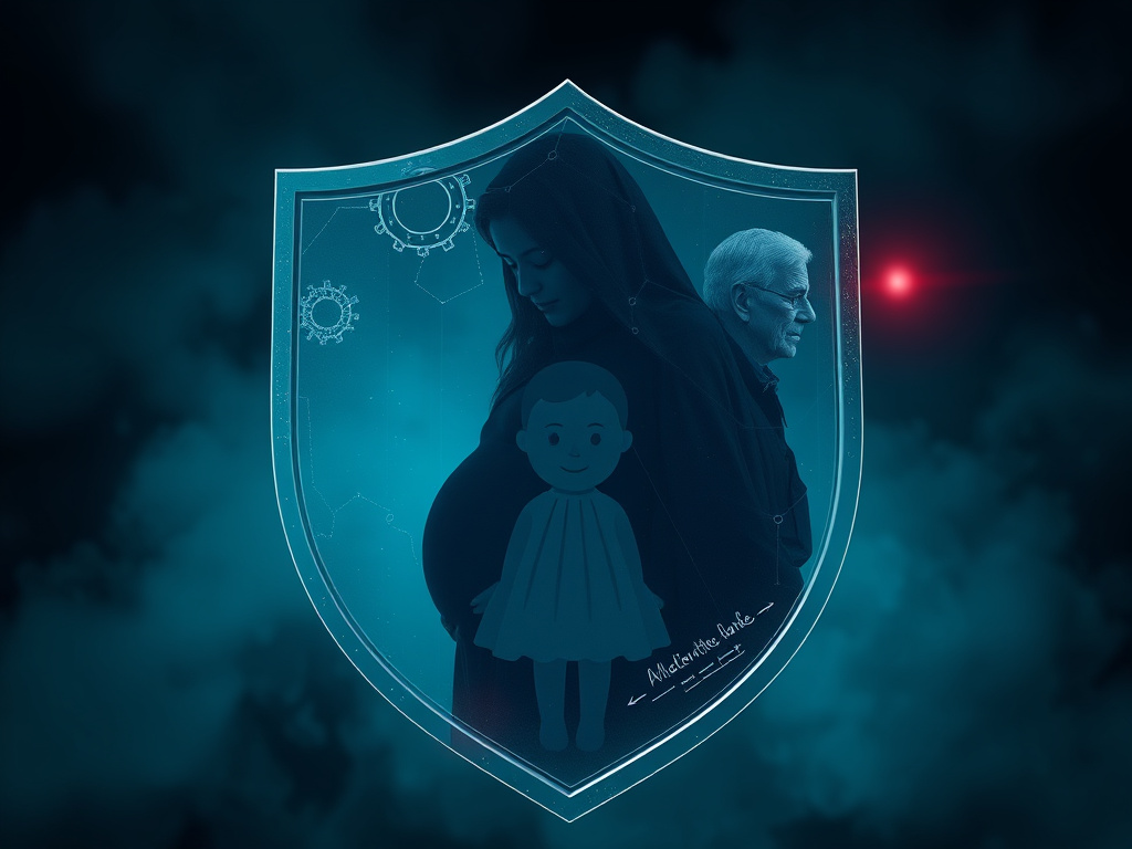 a protective image symbolizing vulnerable groups – a pregnant woman, a child, and an elderly person – shielded from unseen threats