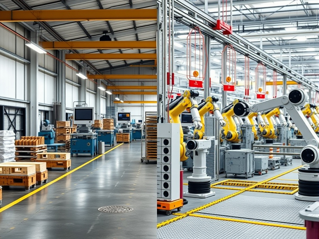 a split screen showing a traditional factory floor on one side and a modern, automated factory with robots on the other