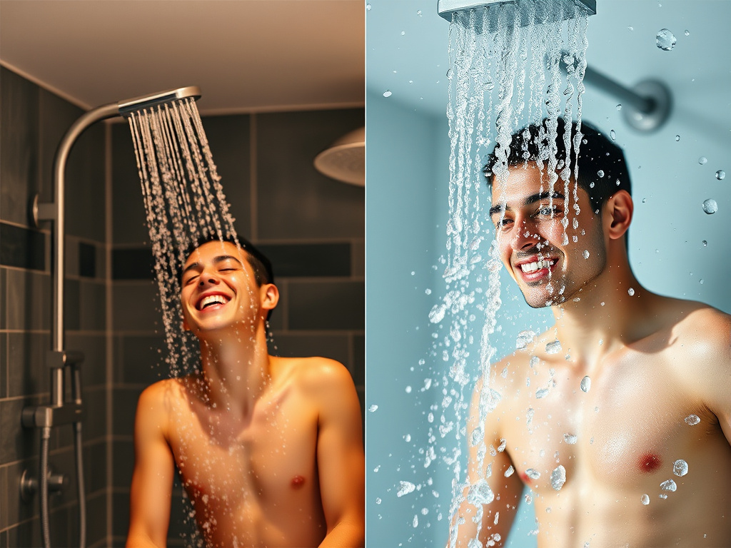 a split screen showing a relaxing warm shower on one side and a brisk cold shower on the other, emphasizing the contrast