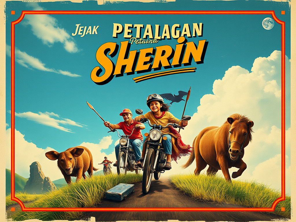 A vintage movie poster inspired by 'Jejak Petualangan Sherina', with a focus on the film's vibrant colors and adventurous theme, corporate design