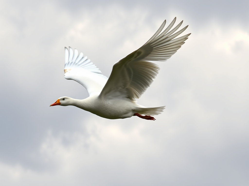 a majestic white goose soaring through a cloudy sky, wings spread wide in a powerful display, corporate design