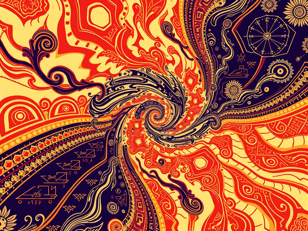 abstract representation of traditional Indonesian patterns interwoven with swirling time vortex elements