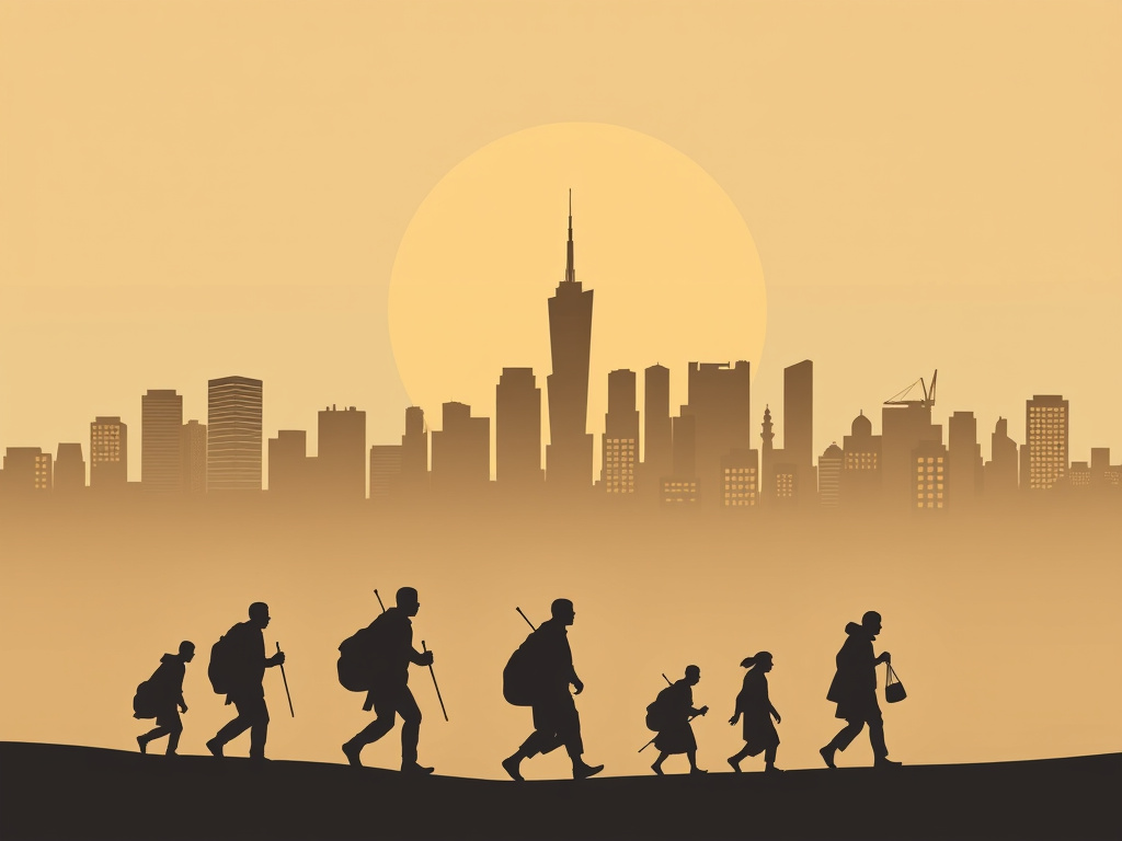 silhouette of people migrating towards a cityscape, representing diaspora and cultural exchange, muted tones, corporate design