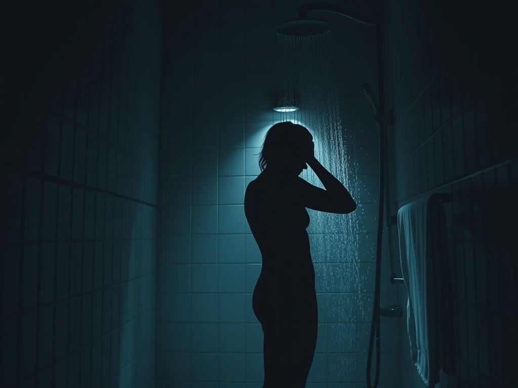 a dimly lit bathroom with a silhouette of a person taking a shower, emphasizing a sense of vulnerability