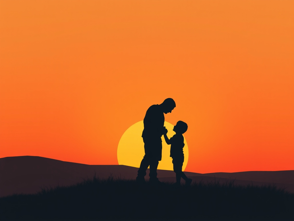 a minimalist illustration of a father and son silhouette against a sunset, symbolizing sacrifice and devotion