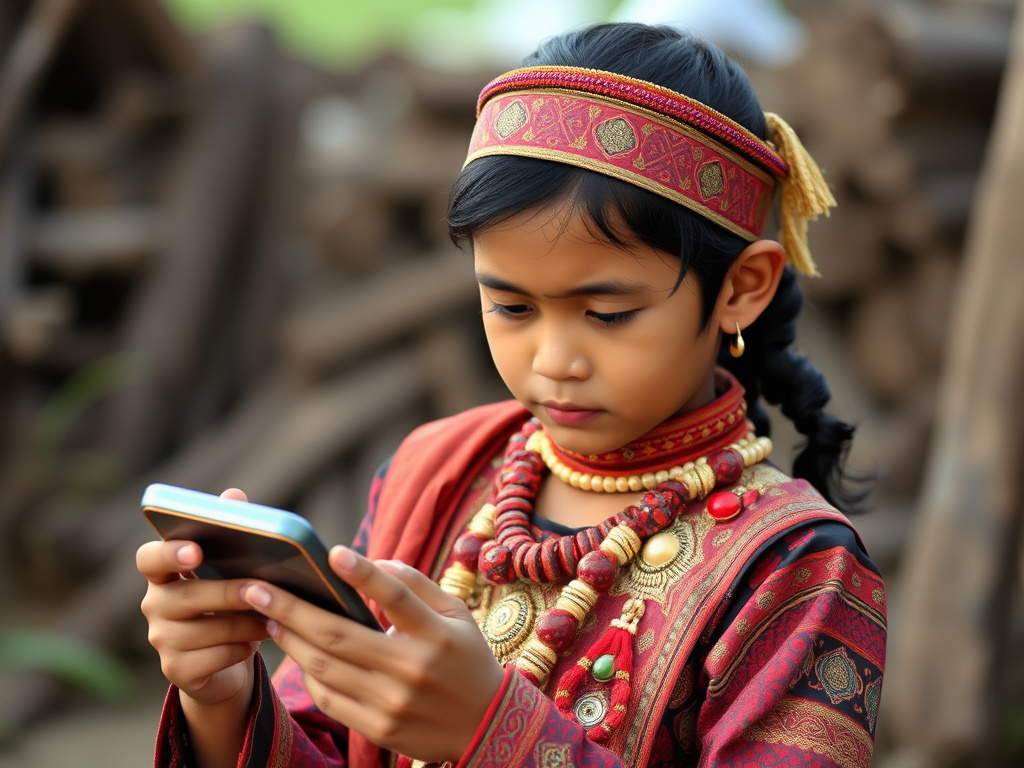 A young Dayak person using a smartphone while wearing traditional attire, symbolizing the intersection of tradition and modern technology.