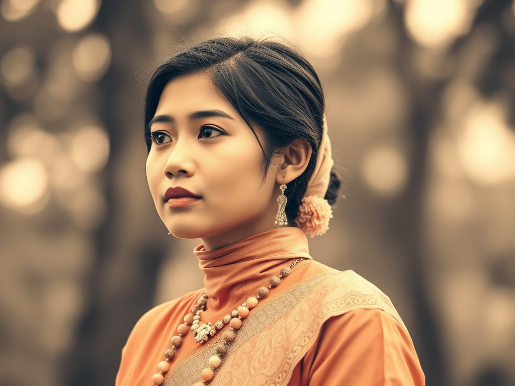 a young indonesian woman in traditional attire gazing thoughtfully into the distance, sepia toned, corporate design