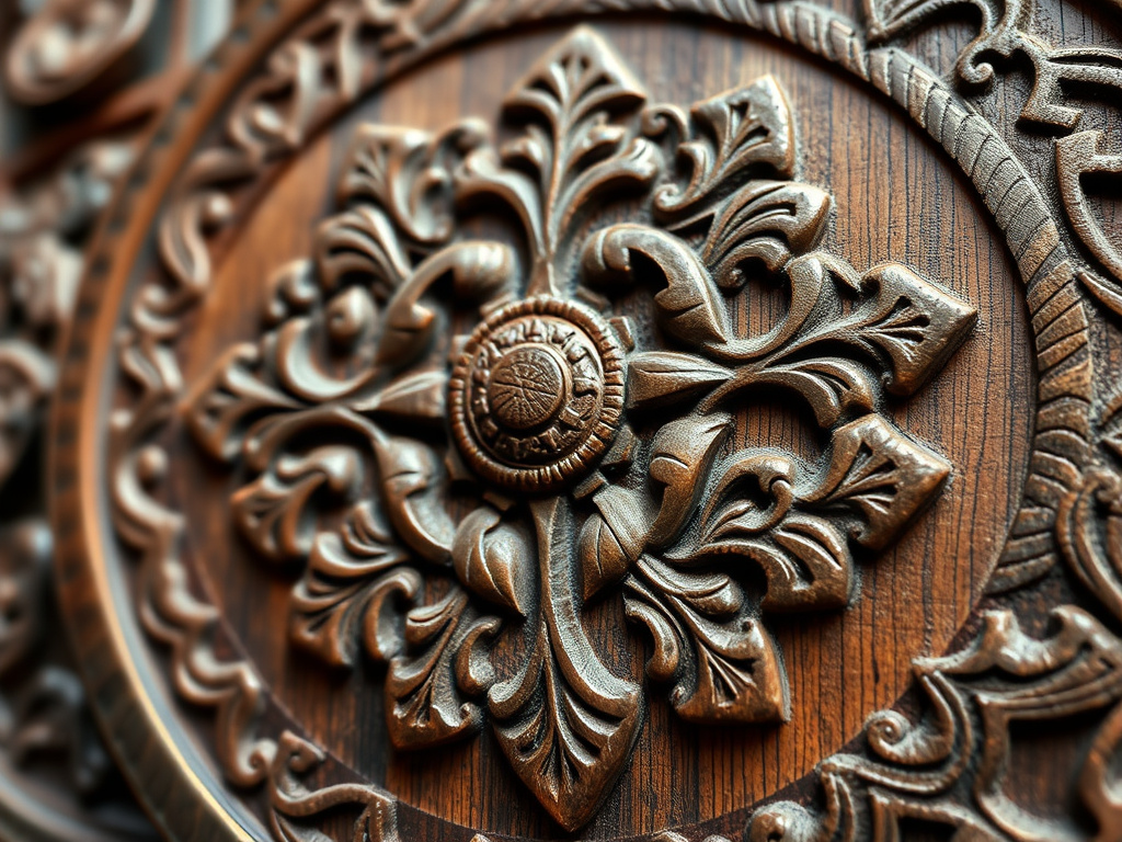 A detailed close-up of the intricate carvings on a traditional Dayak wooden shield, emphasizing texture and artistic detail.