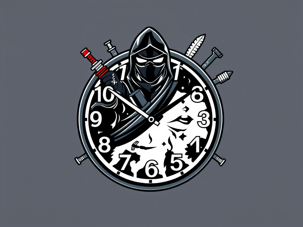 a stylized depiction of a clock with ninja tools replacing the numbers, corporate design