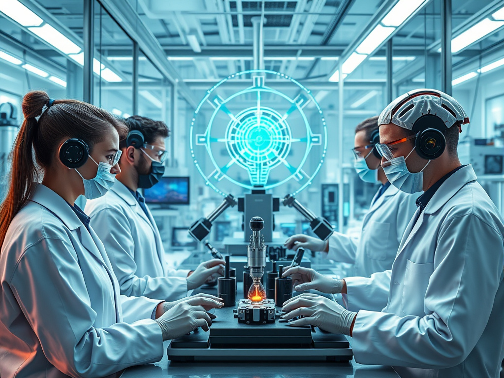 a futuristic laboratory with scientists working on advanced AI technology