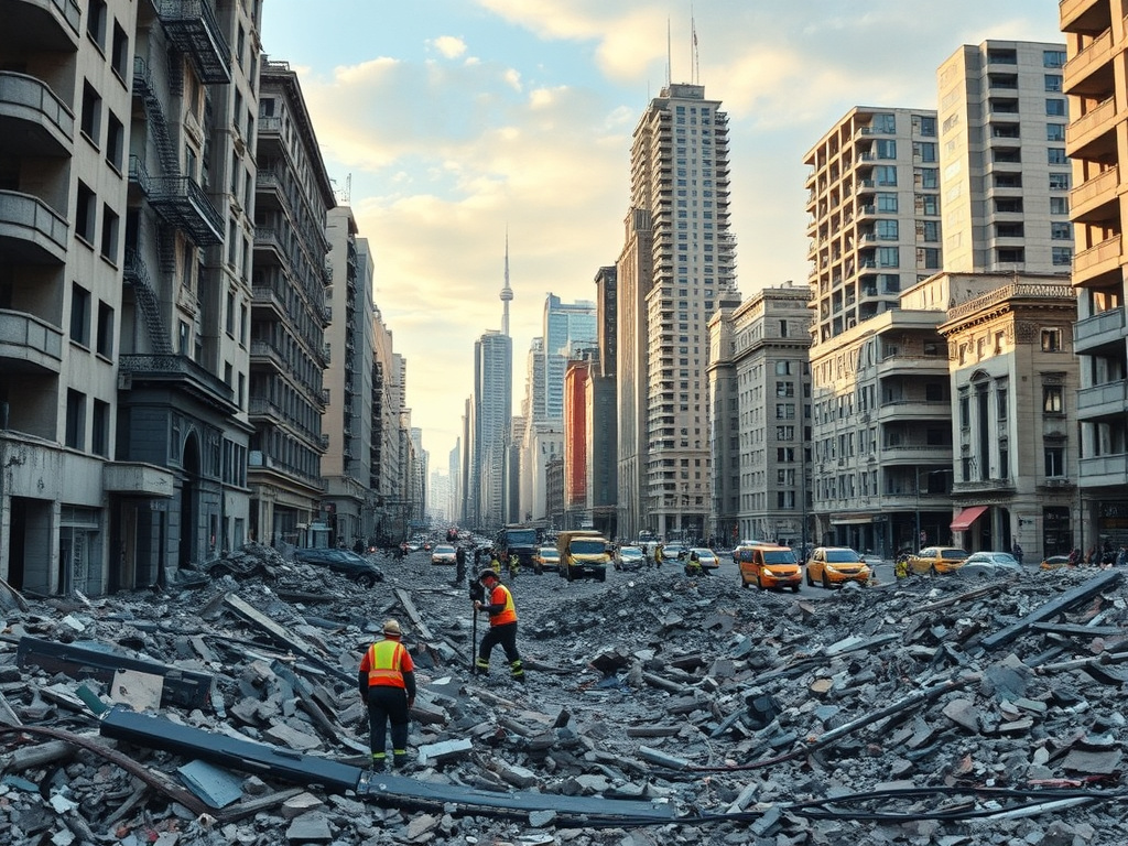 Devastated cityscape after an earthquake, with rubble and emergency responders, corporate style