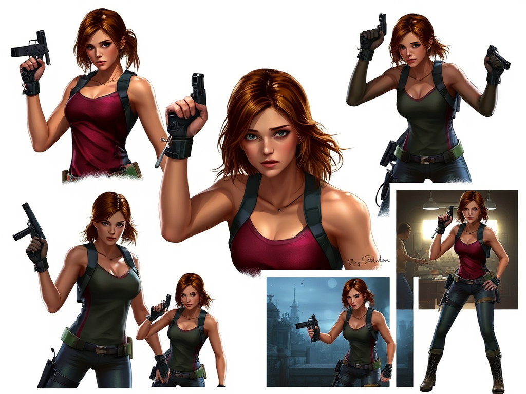 A collage of fan art depicting Alyssa Ashcroft in various poses and scenes from Resident Evil Outbreak, showcasing her strength and determination