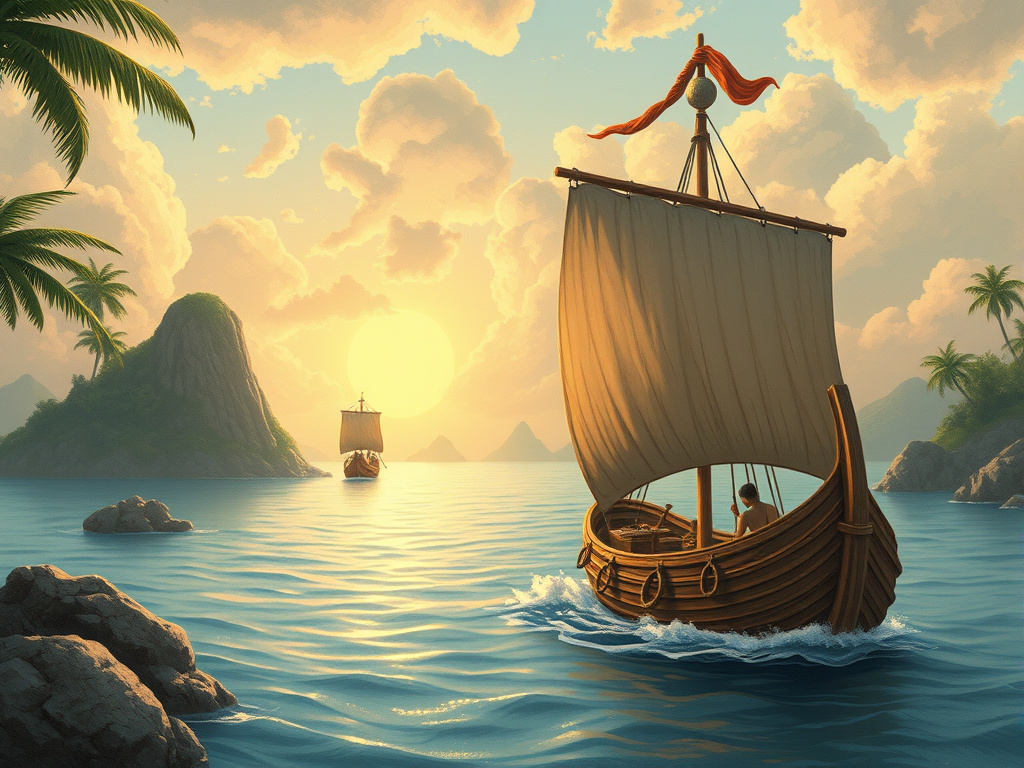 a detailed illustration of ancient Bajo seafaring vessels navigating through a tropical archipelago