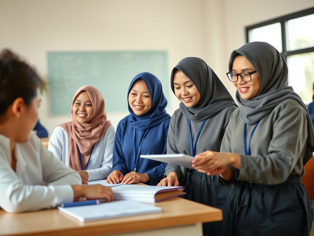 a group of young indonesian women learning in a classroom, bright and airy, corporate design