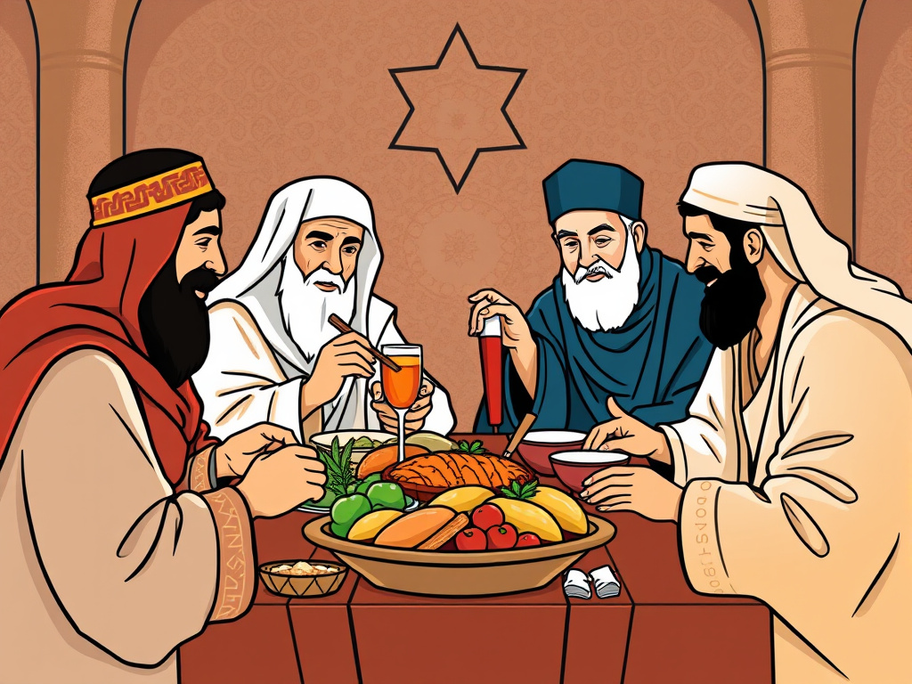 an illustration depicting people of different faiths sharing a meal together, symbolizing interfaith harmony