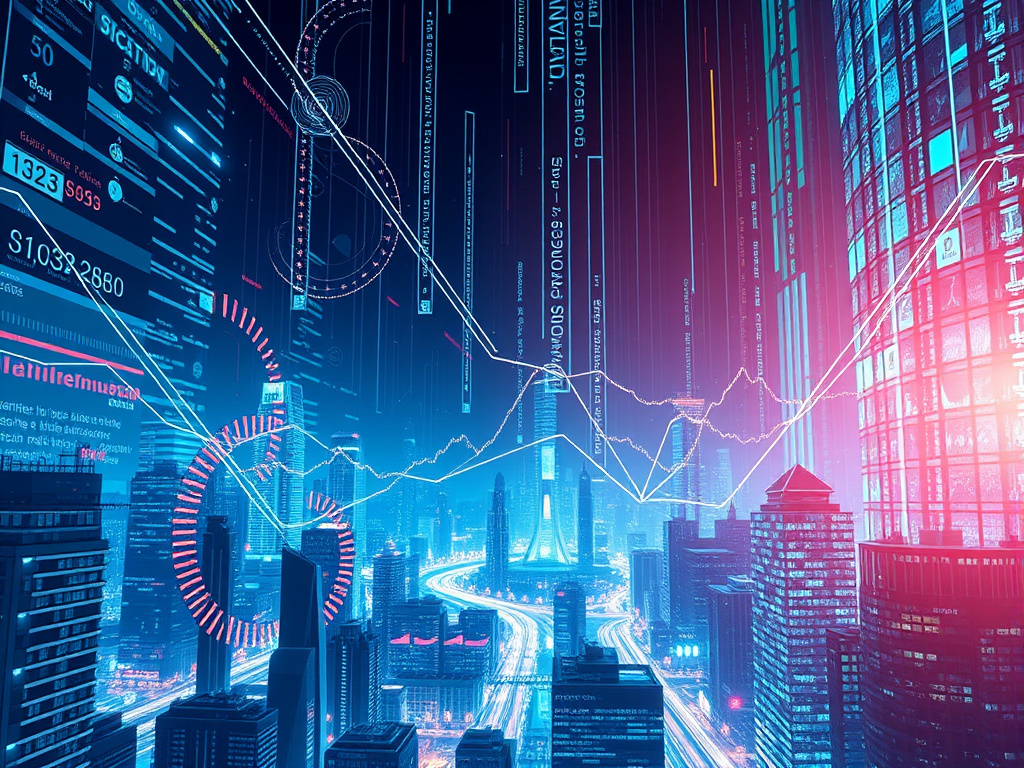 abstract representation of financial data streams converging on a futuristic cityscape