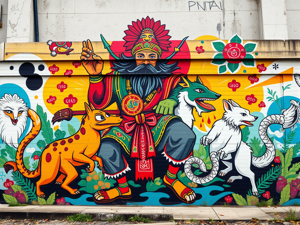 a vibrant street art mural depicting Wiro Sableng and his animal companions in a dynamic pose, blending traditional Indonesian motifs with modern graffiti style, corporate design