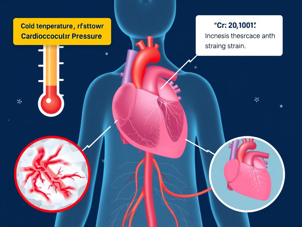a medical illustration showcasing the effects of cold temperature on the cardiovascular system, highlighting increased blood pressure and heart strain