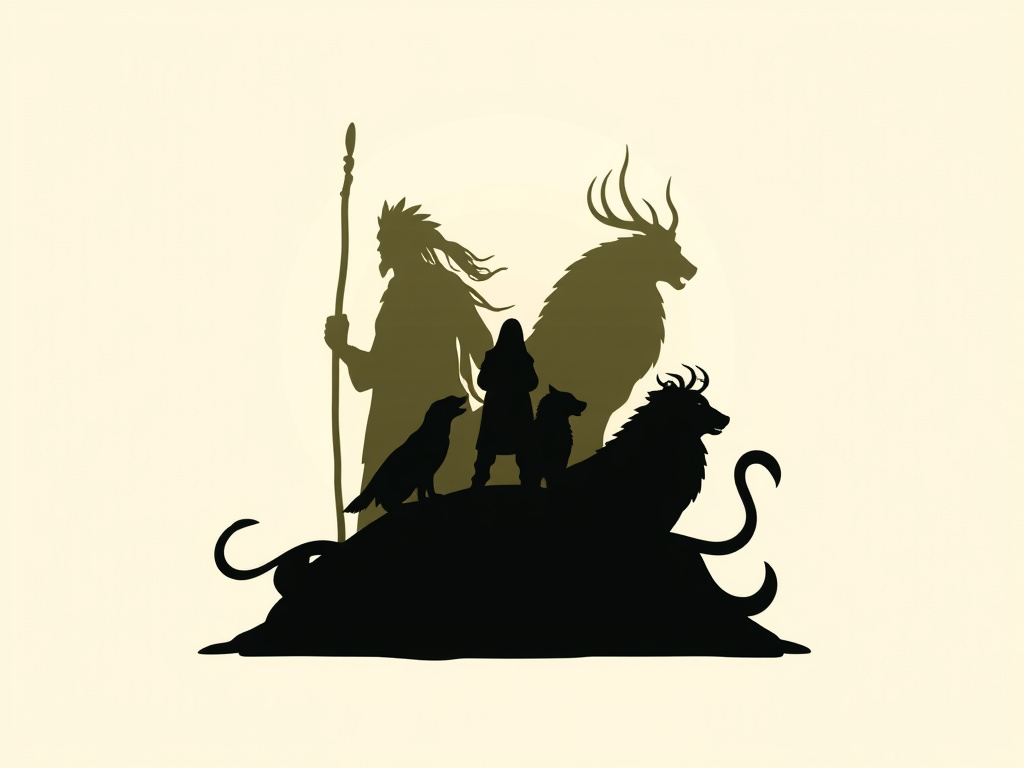 a stylized illustration showcasing the silhouettes of Wiro Sableng and his animal companions merging together, representing unity and interconnectedness, corporate design
