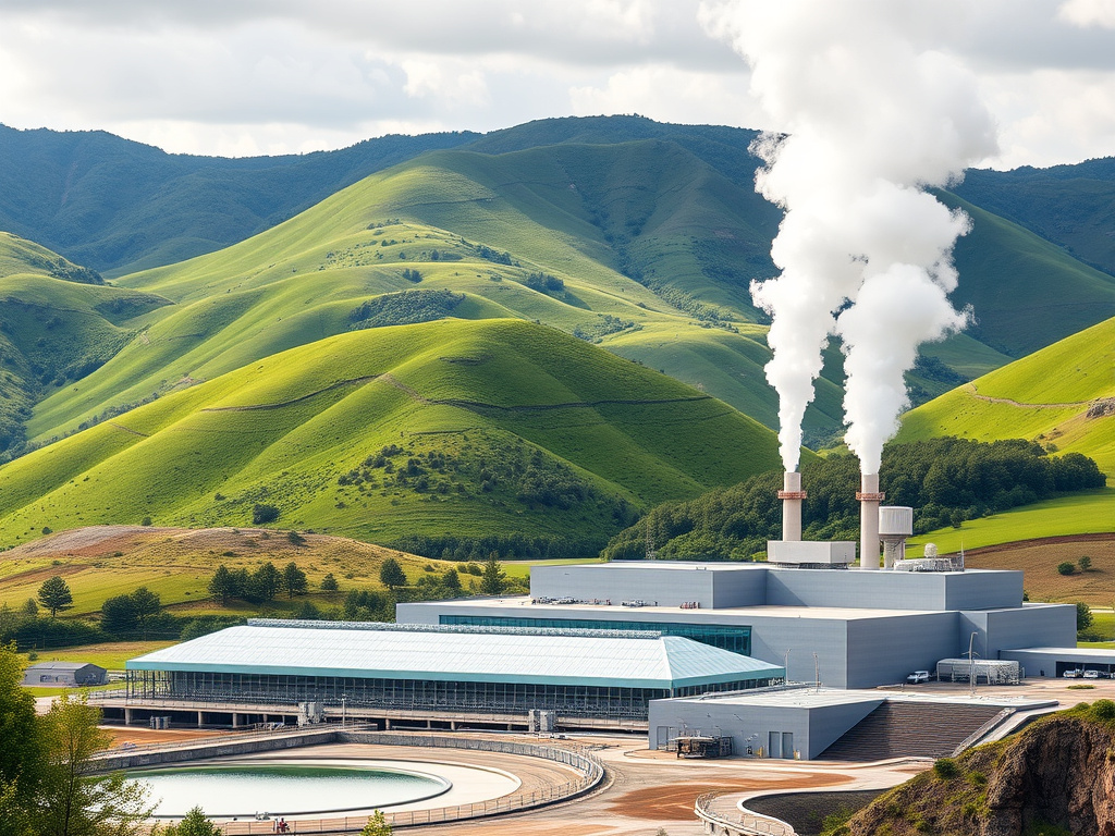 a modern geothermal power plant with steam rising against a backdrop of lush green hills, corporate design