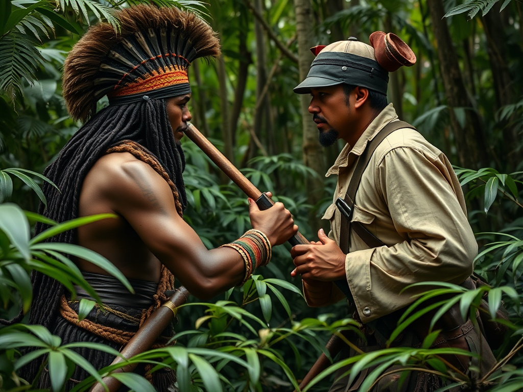 A historical scene depicting a Dayak warrior confronting a Dutch colonial soldier in a dense jungle, focusing on the contrast in attire and weaponry.