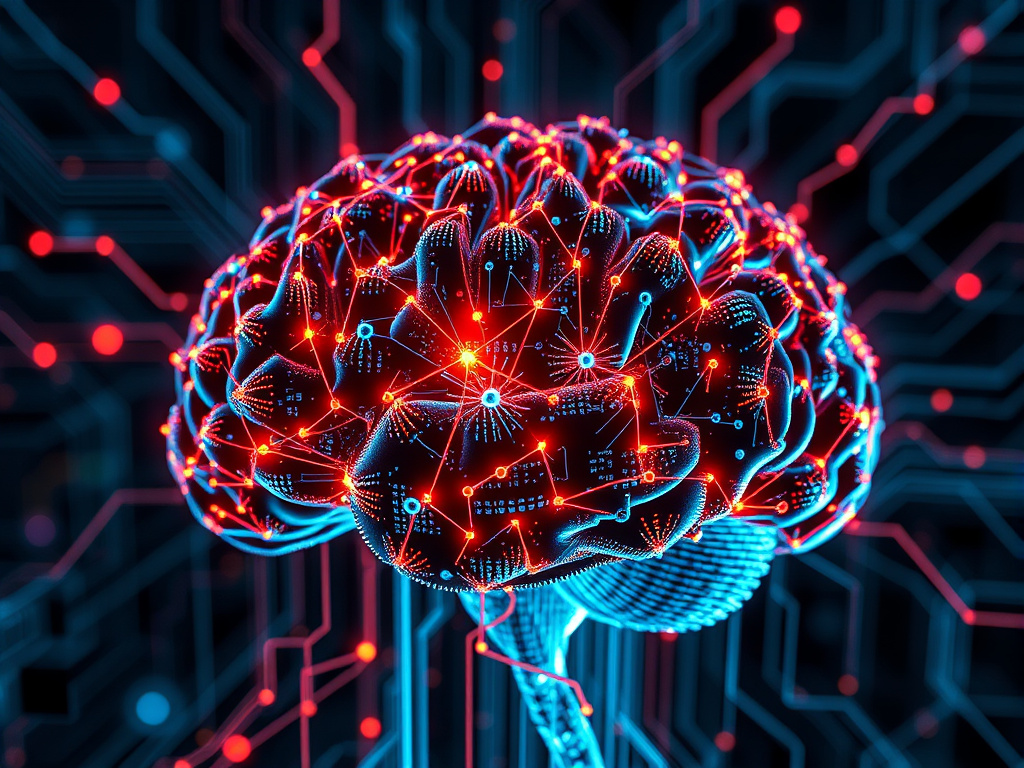 a close-up of a digital brain made of interconnected circuits and data streams