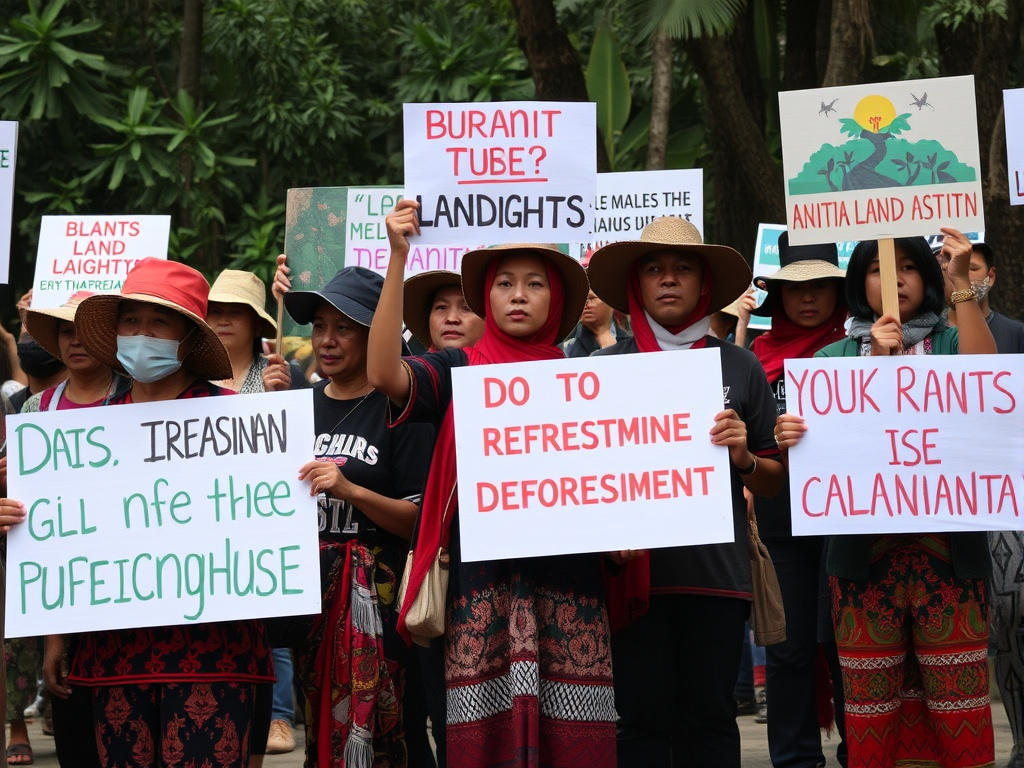 Dayak protestors peacefully demonstrating against deforestation, holding signs advocating for land rights and environmental protection.