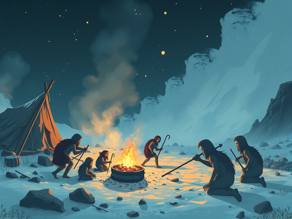 Illustration depicting small groups of early humans struggling to survive in a cold, ash-filled environment, corporate design
