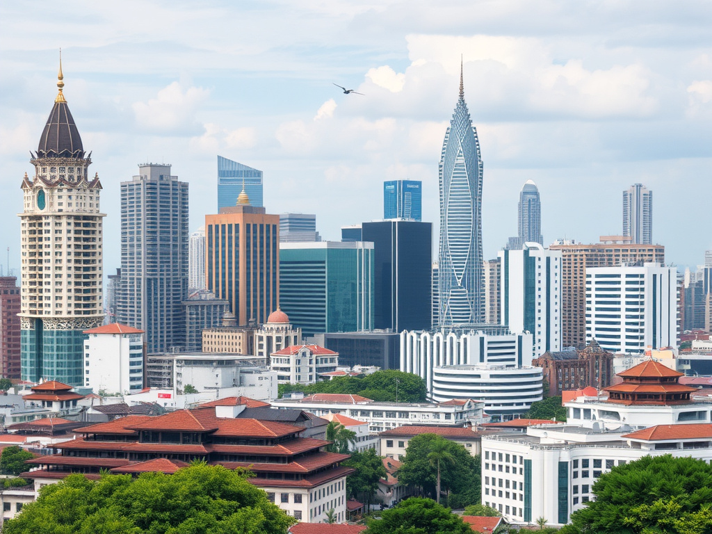 a modern cityscape in Southeast Asia with a blend of traditional and contemporary architectural styles