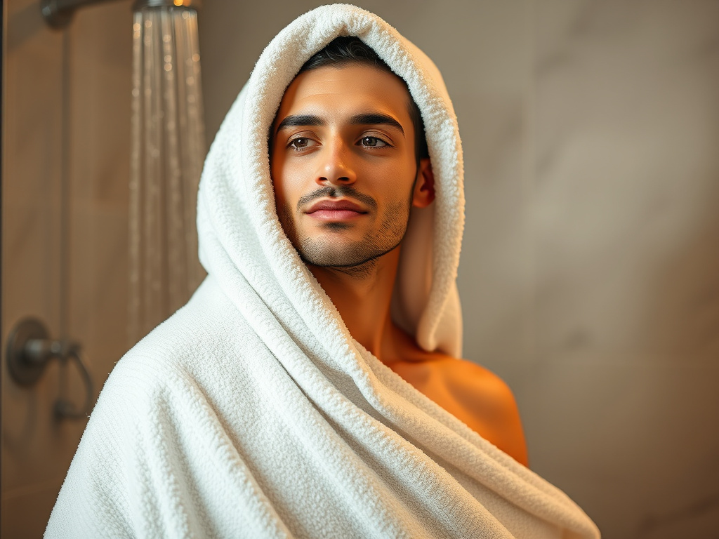 a person wrapped in a warm towel after a shower with soft lighting, corporate design
