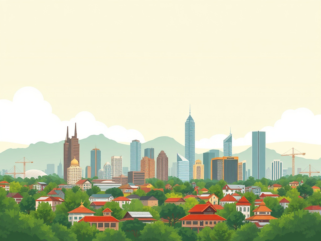 a modern illustration of a Sundanese city skyline with a focus on sustainable development and cultural preservation, corporate style