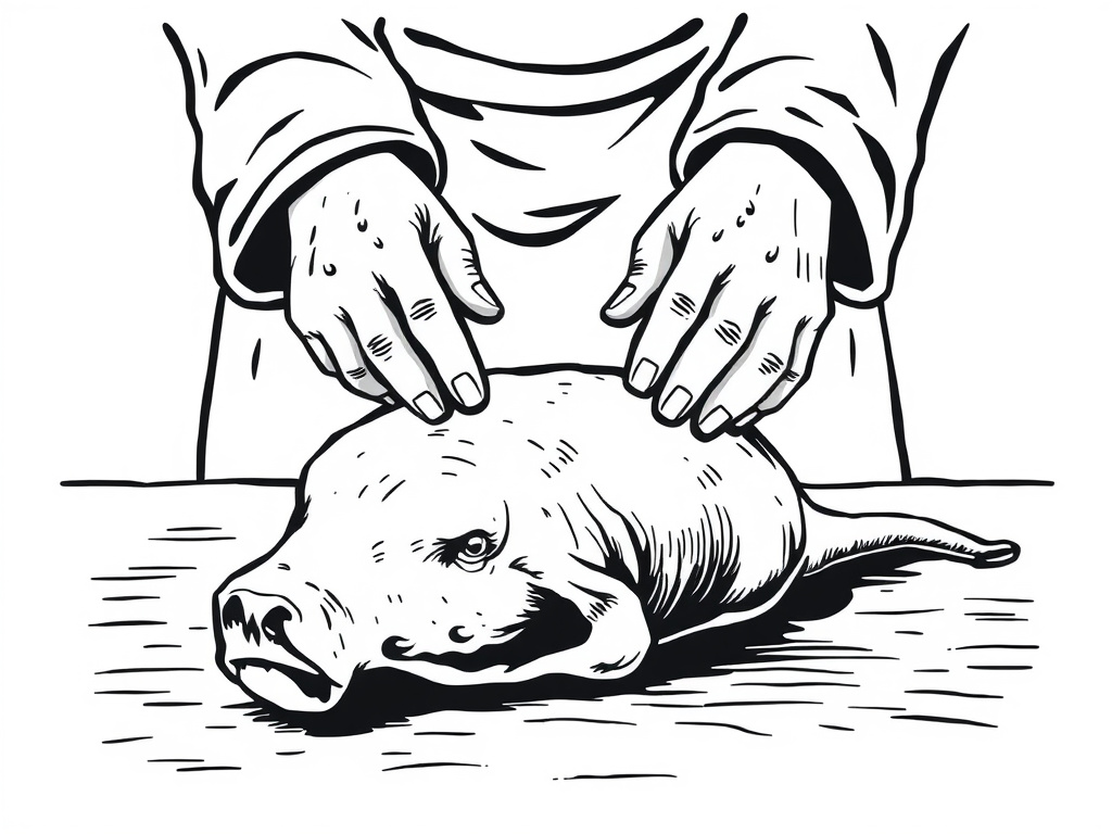 a neutral-toned illustration of hands respectfully preparing a sacrificial animal, focusing on the act of preparation