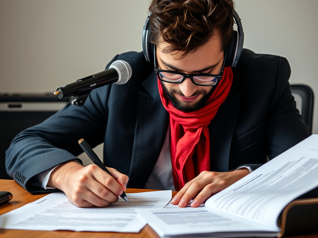 a focused musician reviewing contracts and royalty statements, corporate design