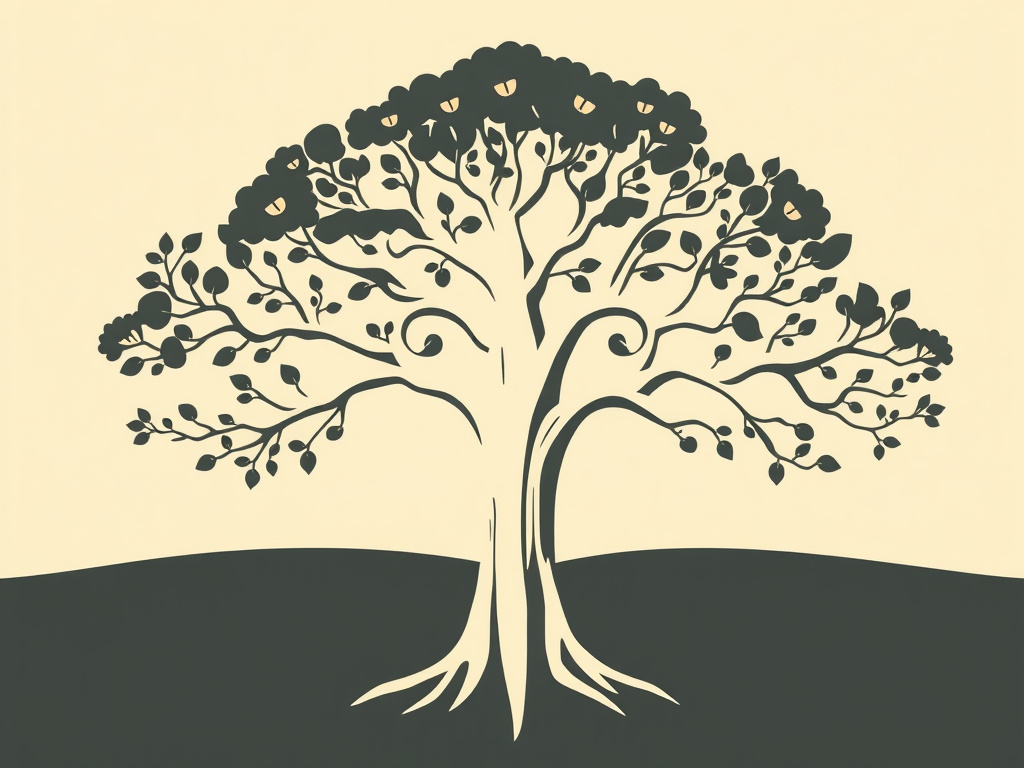 stylized illustration of a family tree branching out, representing different ancestral origins, neutral colors, corporate design