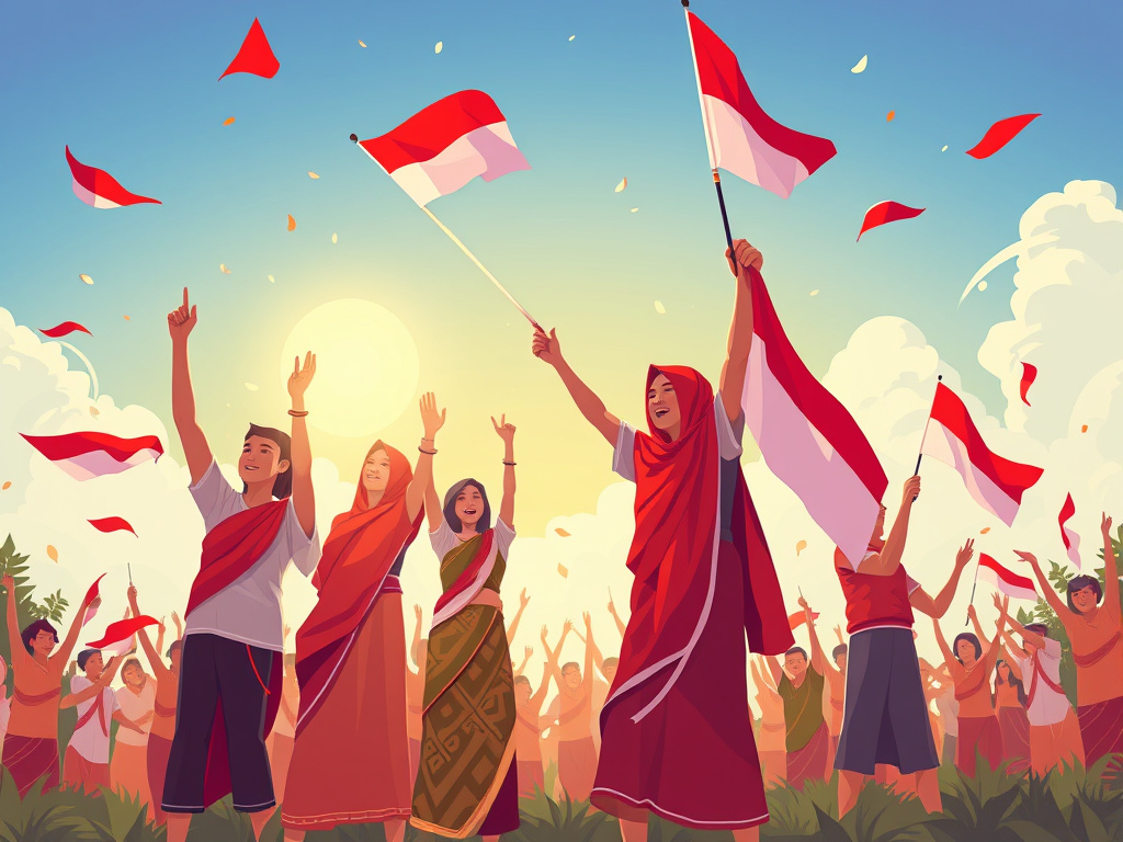 a hopeful illustration of Sundanese people celebrating Indonesian Independence Day, corporate style