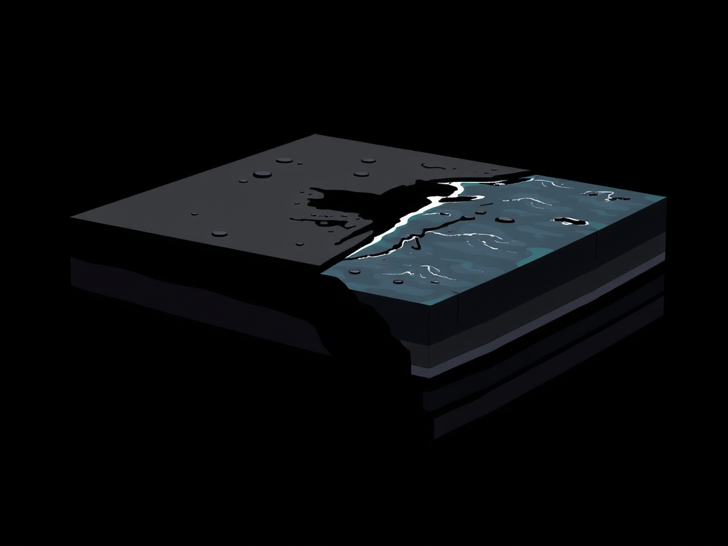 Stylized depiction of a subduction zone with one tectonic plate sliding beneath another, dark and dramatic, corporate style