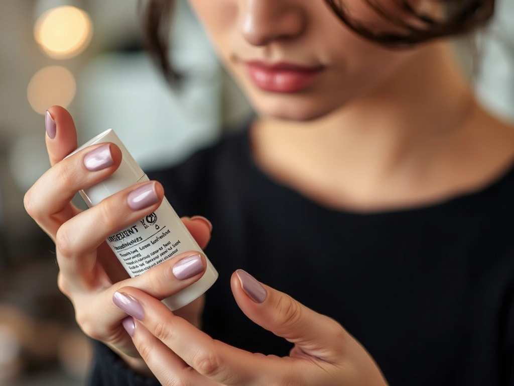 a woman carefully examining the ingredient list on a natural makeup product, soft focus, corporate style