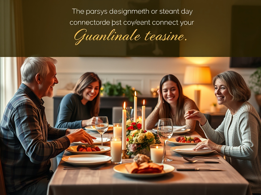A family enjoying a meal together, with a beautifully set table and warm lighting. Corporate design, highlighting connection and gratitude.