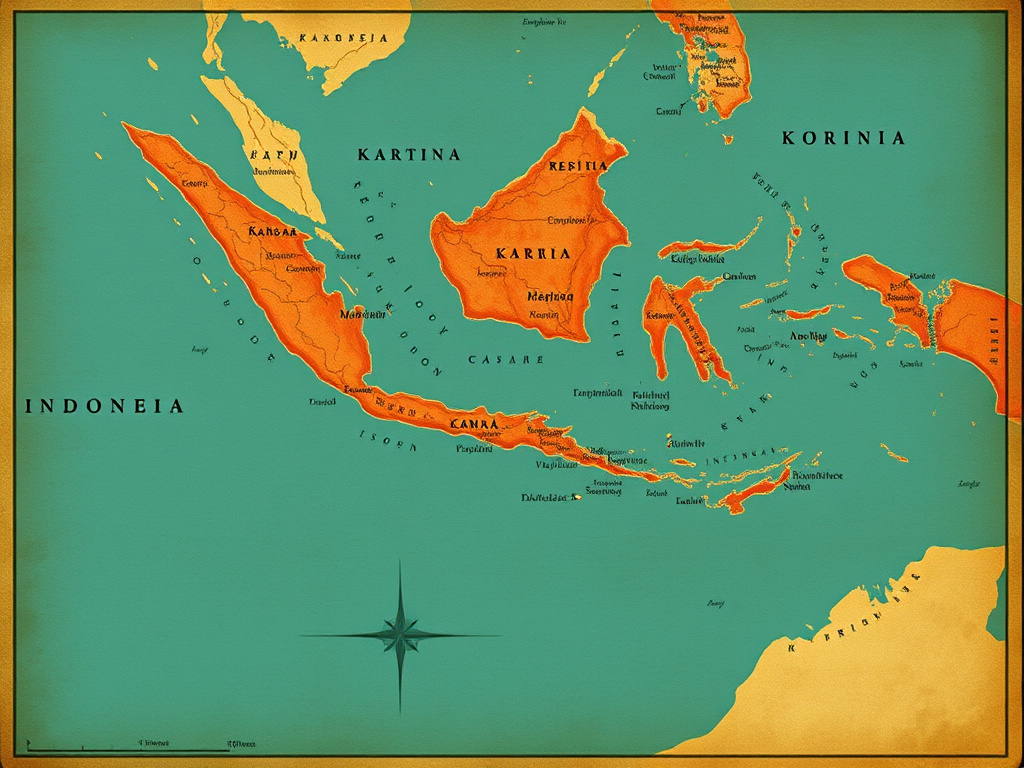 a map of Indonesia highlighting regions where Kartini's influence spread, vintage map style, corporate style