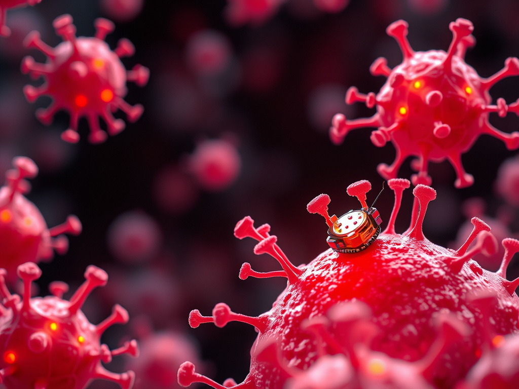 microscopic view of cells interacting with miniature robotic devices, corporate design