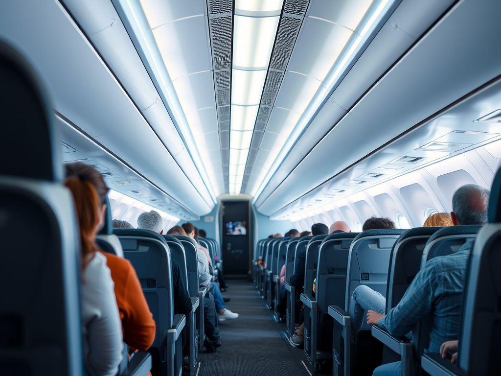 an interior view of a modern airplane cabin with passengers seated comfortably, corporate design