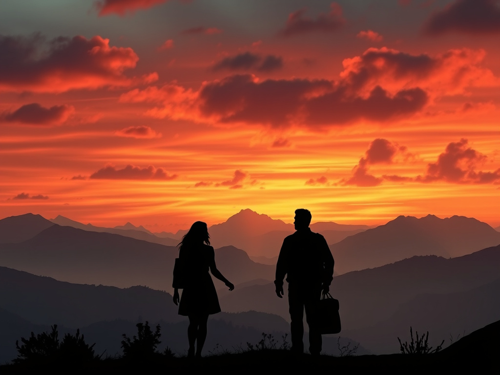 A dramatic landscape scene with silhouettes of Sherina and Raden Saleh embarking on a new adventure, corporate design
