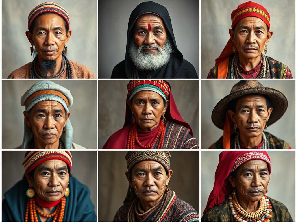 A collage of photographs showcasing the diverse traditional attire and facial tattoos of various Dayak sub-ethnic groups, corporate design