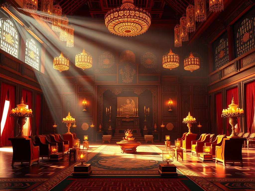sundanese royal court scene, warm lighting, corporate design