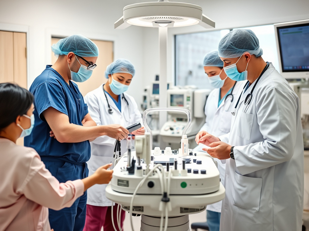 a diverse group of healthcare professionals collaborating around a complex medical device in a well-equipped hospital setting